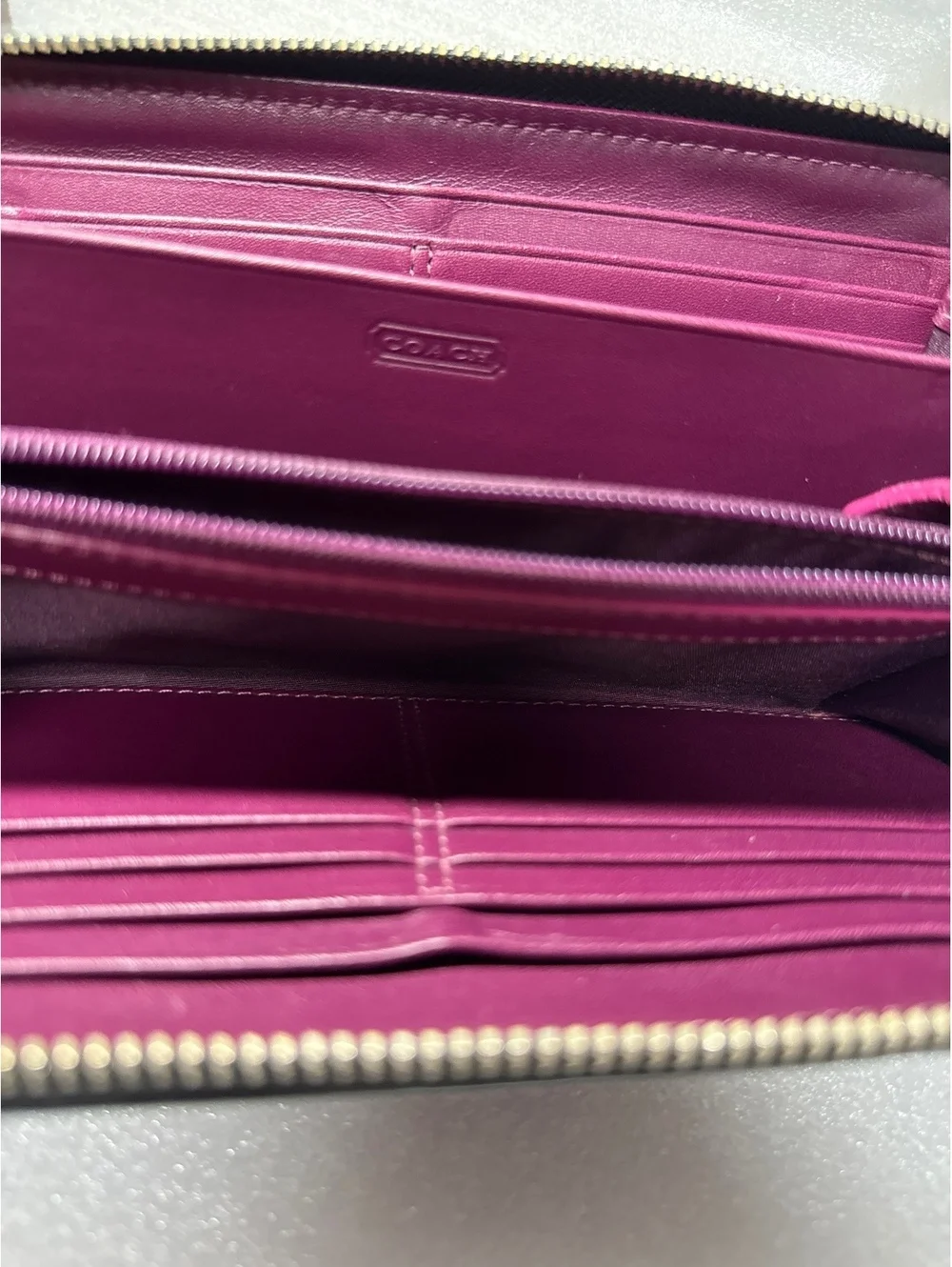 Coach Black Patent Leather Zip Around Wallet Buckle Accent Purple Interior